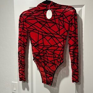 Red and Black Geometric Bodysuit with Keyhole Detail